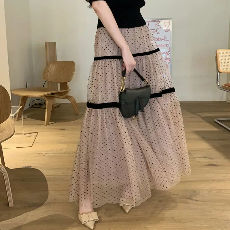 

2022 Mesh Dot Women Skirts Vintage Korean Fashion Elegant High Waist Faldas Mujer A-line 2022 Ins Autumn Jupe Femme