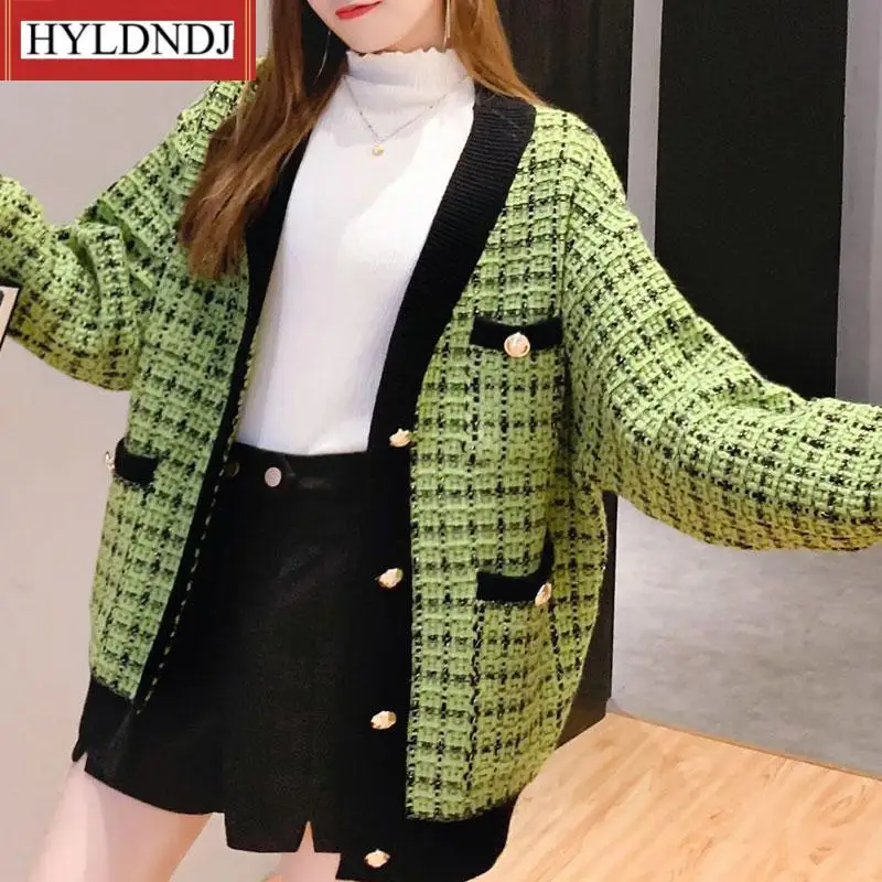 

2023 Thicken Knit Cardigans Women Jacket Loose Plaid Long Sleeve Coat Korean Style Coat Sueter Feminino Women Sweater Coat