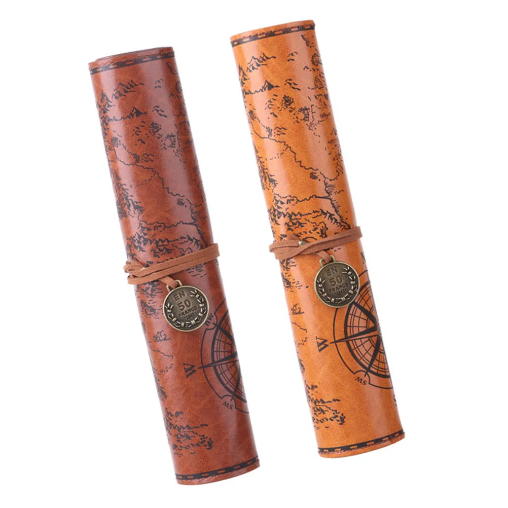 

2Pcs PU Leather Roll Pen Bag Vintage Map Pencil Case Smooth Cover Storage Pouch
