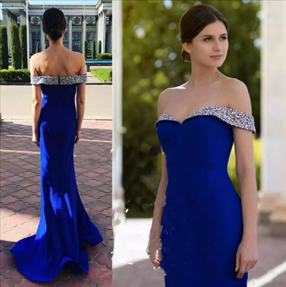 

Classic Royal Blue Mermaid Prom Dresses Silver Beading Off Shoulder Long Formal Evening Dress Party Gown Vestidos De Fiesta