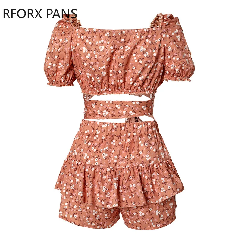 Женский шикарный укороченный топ Gdisty с цветочным принтом и оборками на подоле