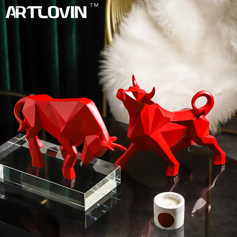 

Red Bull Statues Art Geometric Resin Bison Sculpture Animal Home Decoration Tabletop Ox Figurine Ornament Office Modern Decor