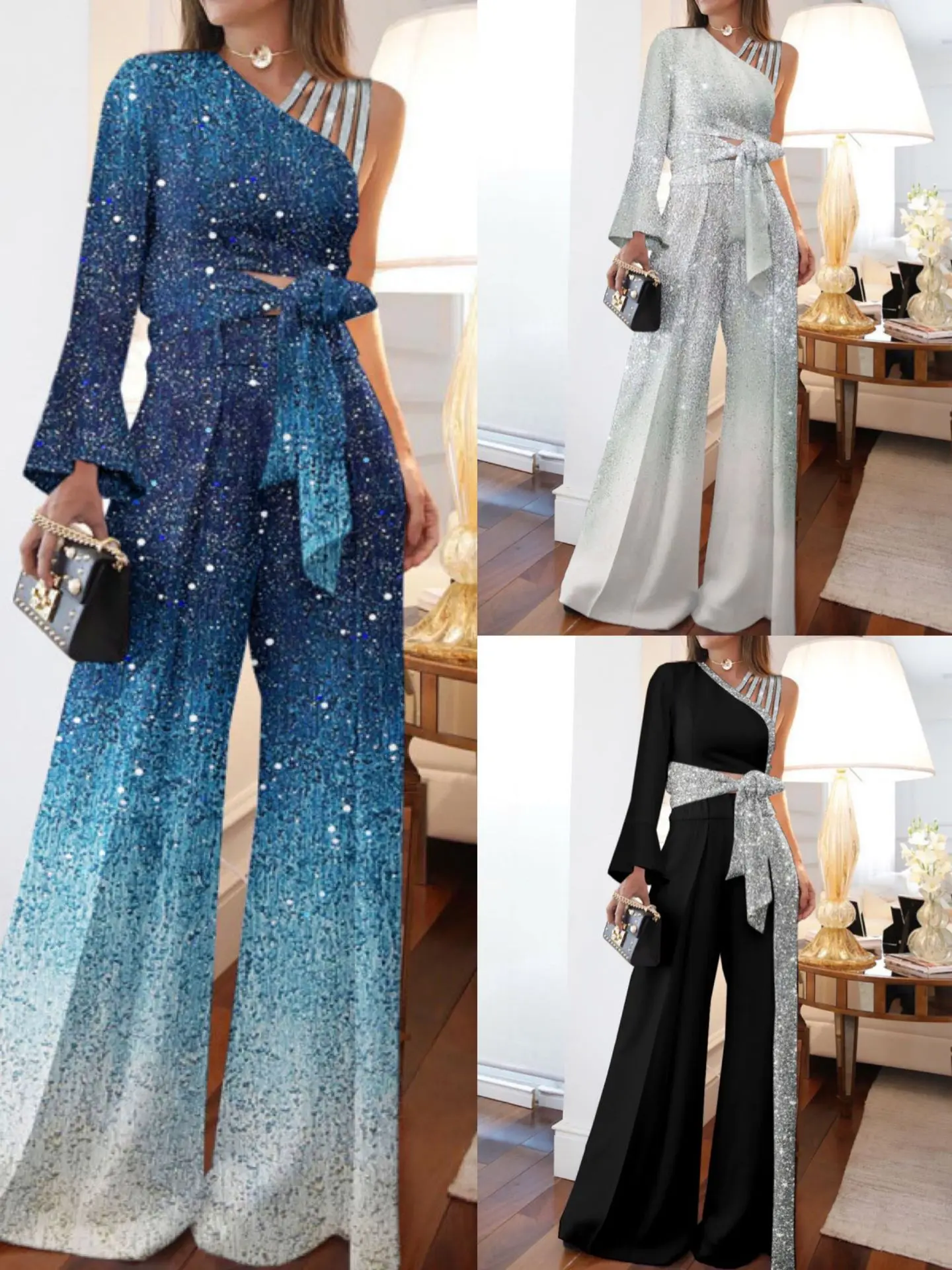 

Loose trousers Women Sequin Patchwork Top and pants Women Evening Woman Clothers