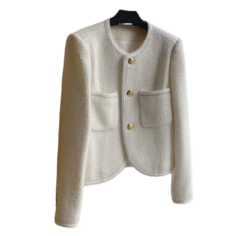 

Женское Однотонное шерстяное пальто с длинным рукавом, однобортное прямое повседневное короткое пальто с круглым вырезом и металлическими...