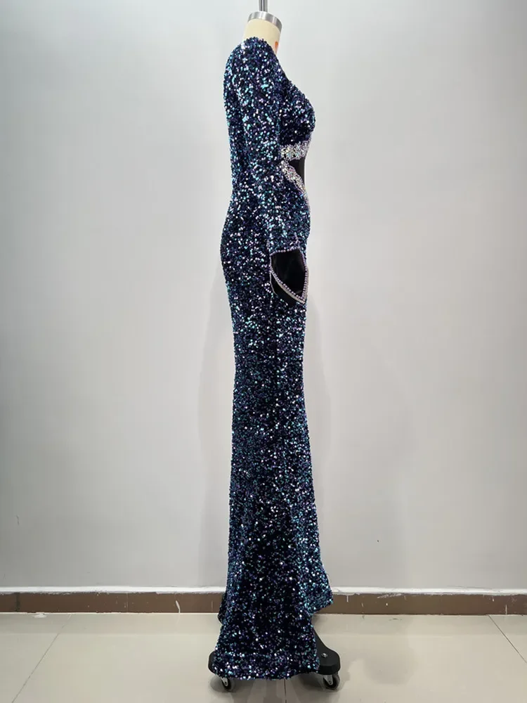 Новинка 2024 женское сексуальное платье макси с длинным рукавом и бриллиантами