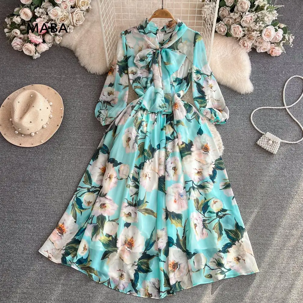 

Женское шифоновое платье миди с бантом на шее, Элегантное Длинное платье с высокой талией и рукавом до локтя, с цветочным принтом во французском стиле, весна-осень 2024