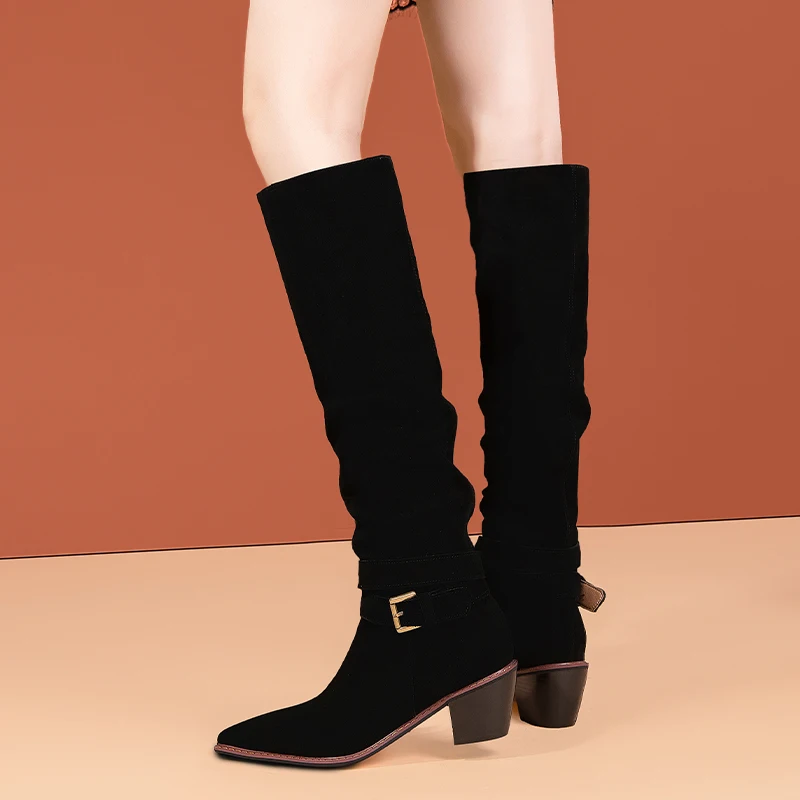 

New Women's Shoes European And American Style Autumn And Winter Boots Belt Buckle Knee Boots Leather Thick Heels