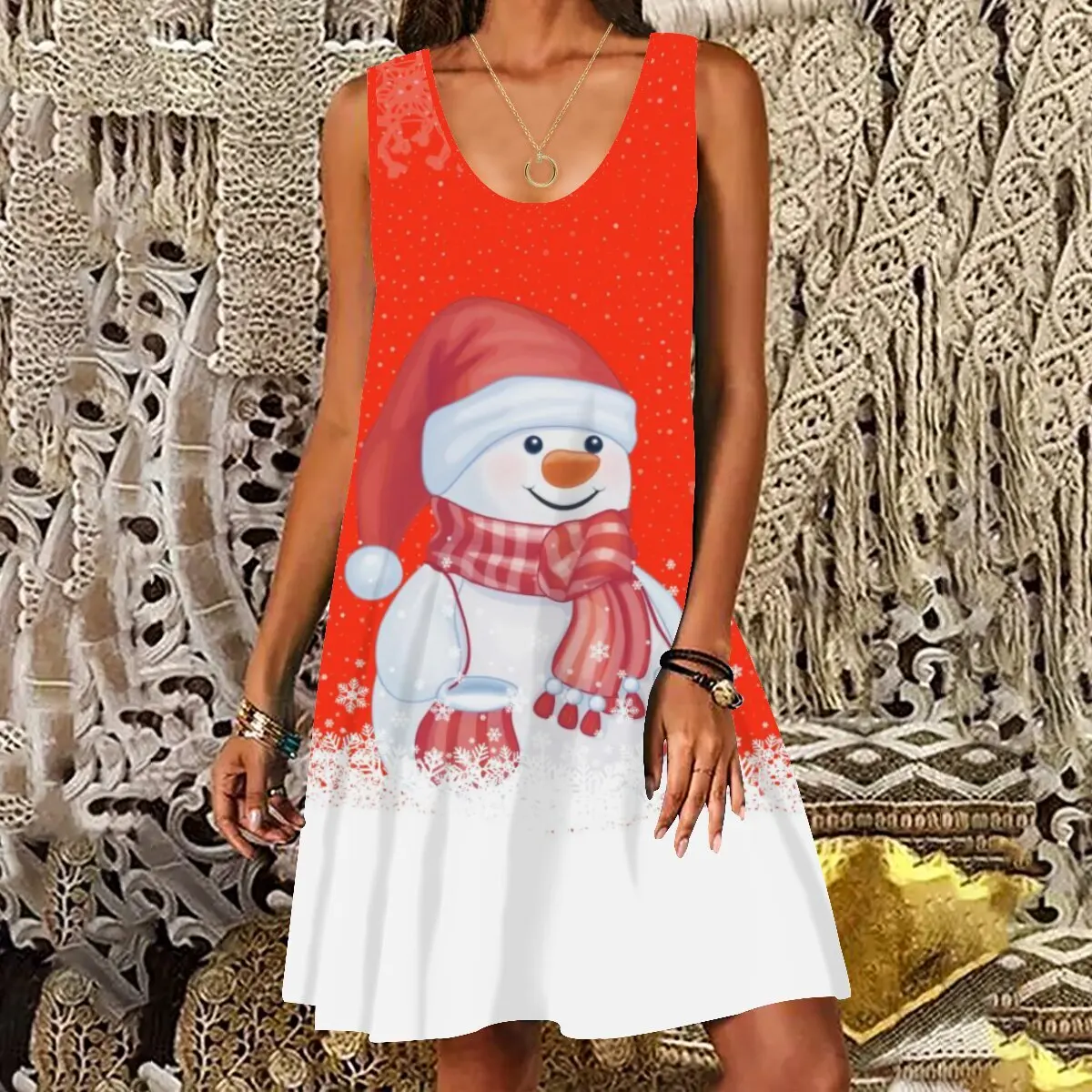 

XXS-10XL Oversized Women's Summer New Christmas Print Round Neck Sleeveless Casual Loose Dress