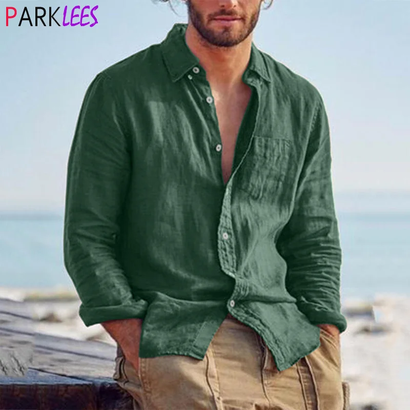 

Green Cotton Linen Shirt Men 2022 Spring New Slim Fit Button Down Shirts Mens Lightweight Breathable Plain Beach Yoga Shirts 3XL