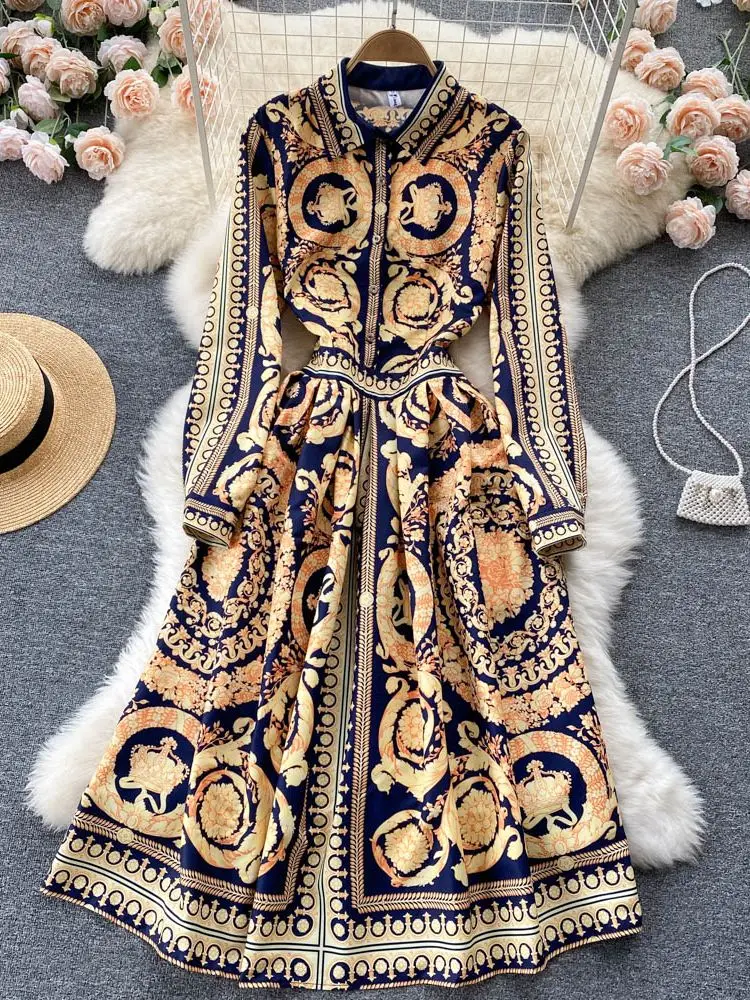 

Fashion 2022 Spring Summer Women Vintage Floral Print Midi Shirt Dress Female Lapel Chic Long Sleeve Casual Slim Vestidos