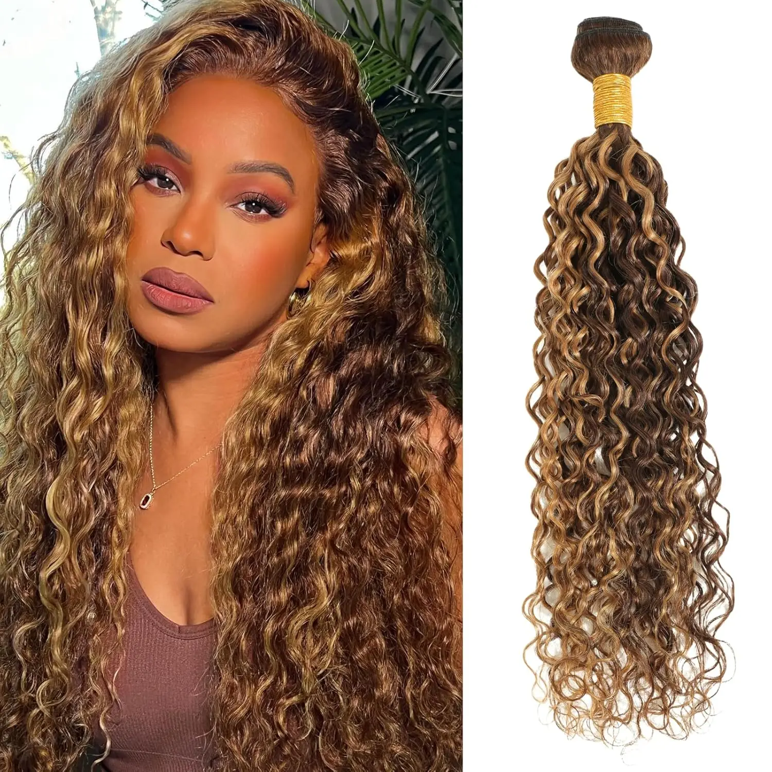 Highlight Water Wave Human Hair Bundles P4/27 Brown Blonde Braiding Hair Bundles Colored Curly Human Hair Weaving Bundles