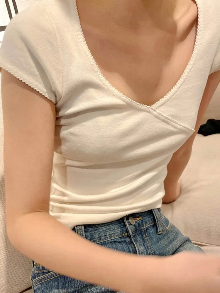Винтажная тонкая футболка летняя уличная одежда с v-образным вырезом хлопковый