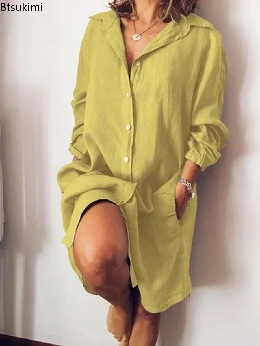

2022Spring Autumn Cotton Linen Shirt for Women Plus Size 5XL Long Sleeve Dress Female Dresses Summer Casual Loose Ladies Clothes