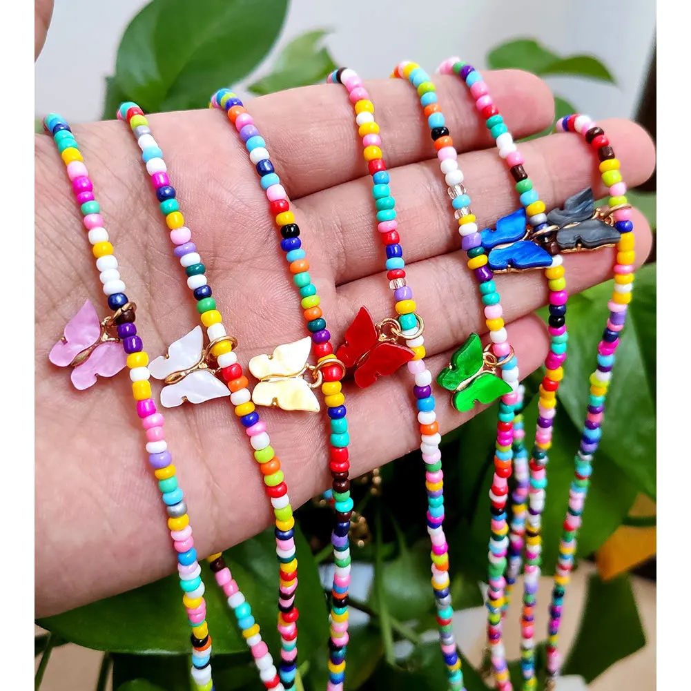 

Fashion Women Strand Glass Seed Bead Necklace Korea Style New Butterfly Pendant Necklace Gift For Girl Cute Lovely Neck Jewelry