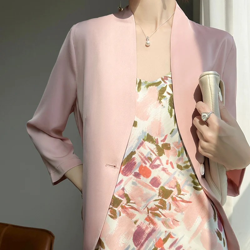 Three-Quarter Sleeve Acetic Acid Satin Small Suit Jacket Women's Summer Thin Suit Jacket High-Grade Casual Jacket Sleeve