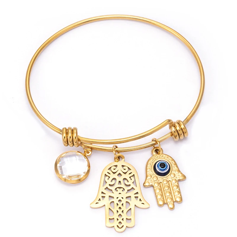 

Stainless Steel Jewelry New Design Crystal Charms Pendant Gold Plated Evil Eye Hamsa Hand Bracelet of Fatima Bangle for Women
