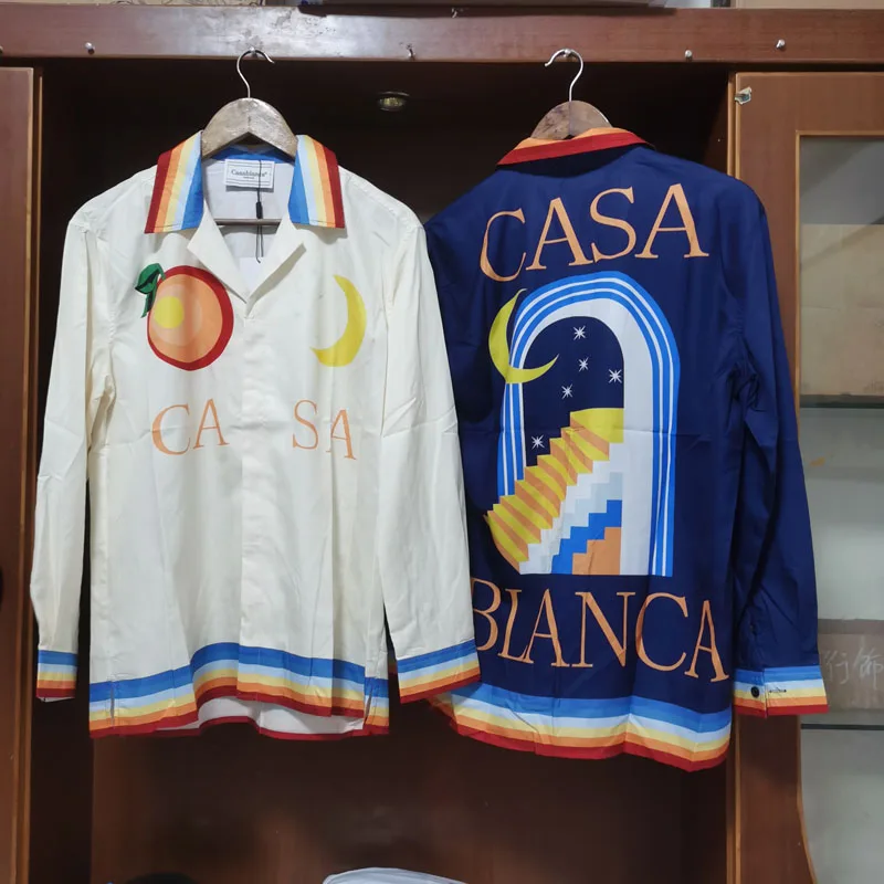 

Summer CASABLANCA Men Shirts Orange Moon Step Print Shirt Fashion Loose Casual Shirts Casablanca Long Sleeve Shirt Real Photo