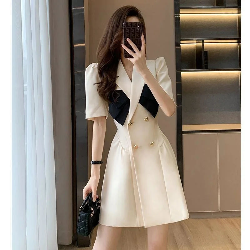 

2022 Summer New Women's Dress Office Lady Korean Elegant French High Bubble Sleeve White Mini Dress Design Niche Suit Skirt