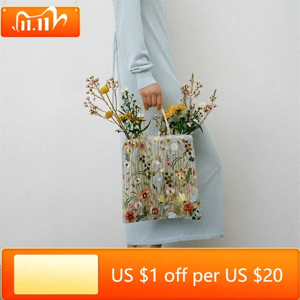 

1Pc Fashion Tote Summer New Style Mesh Full Embroidery Flowers Clear Shoulder Bag Romantic Handbag Women's Eco Shopping Bag 2023