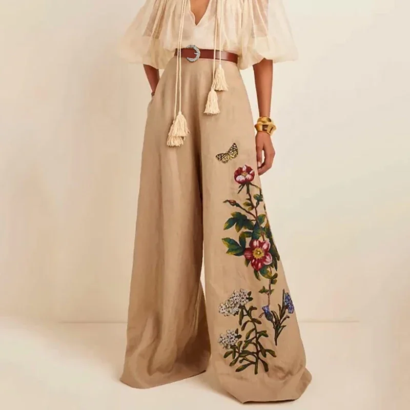 Beautyblue Брюки цвета хаки с цветочным принтом Широкие брюки поясом Эластичность