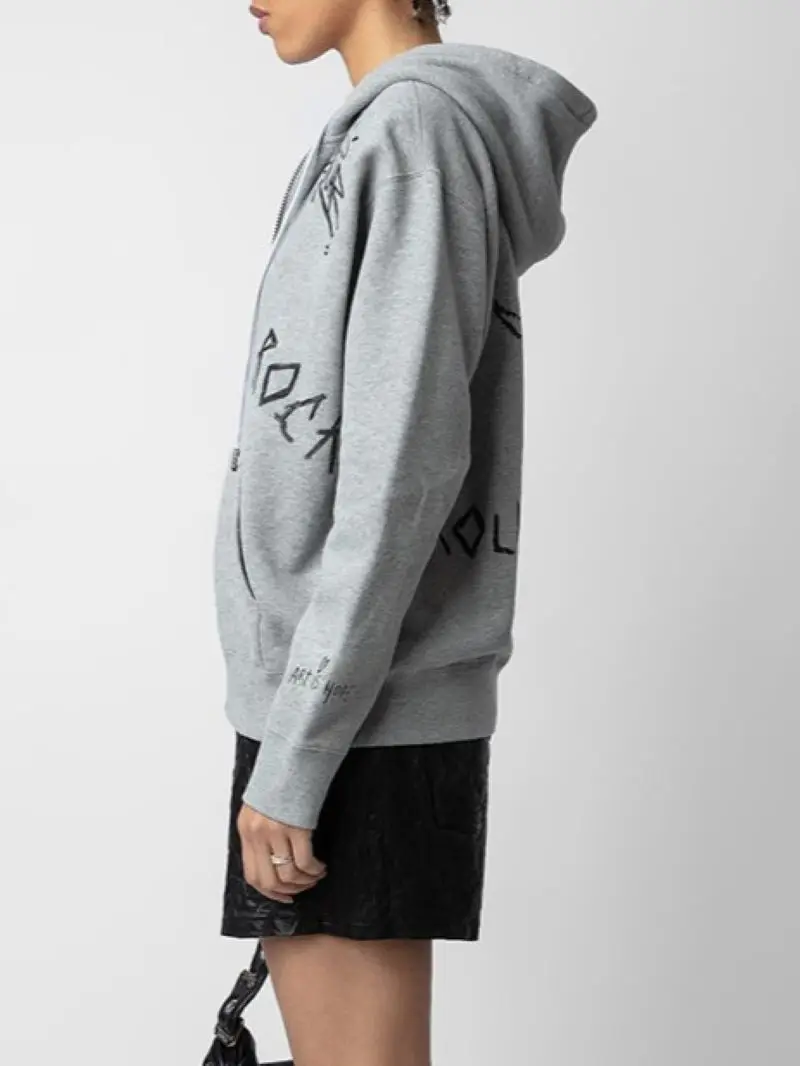 

Letter Graffiti Hoodies for Women Drawstring Zipper Long Sleeve Fleece Loose Hooded Sweatshirt