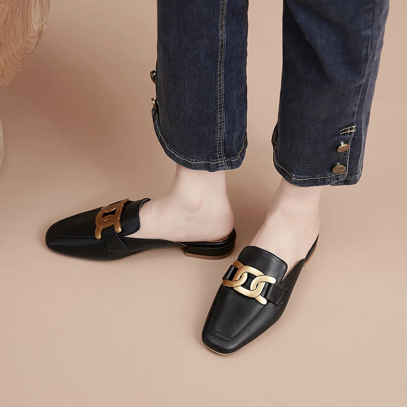 

Jiovodo Genuine Cow Leather Pigskin Closed Toe Spring Summer Woman Metal Buckle Slip-on Slippers Women Slides Flat Pumps Shoes