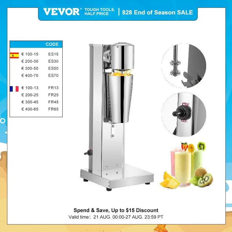VEVOR Commercial Milkshake Machine 800ml Stainless Steel Electric Single Head Milk Bubble Tea Stirring Machine Smoothie Blender