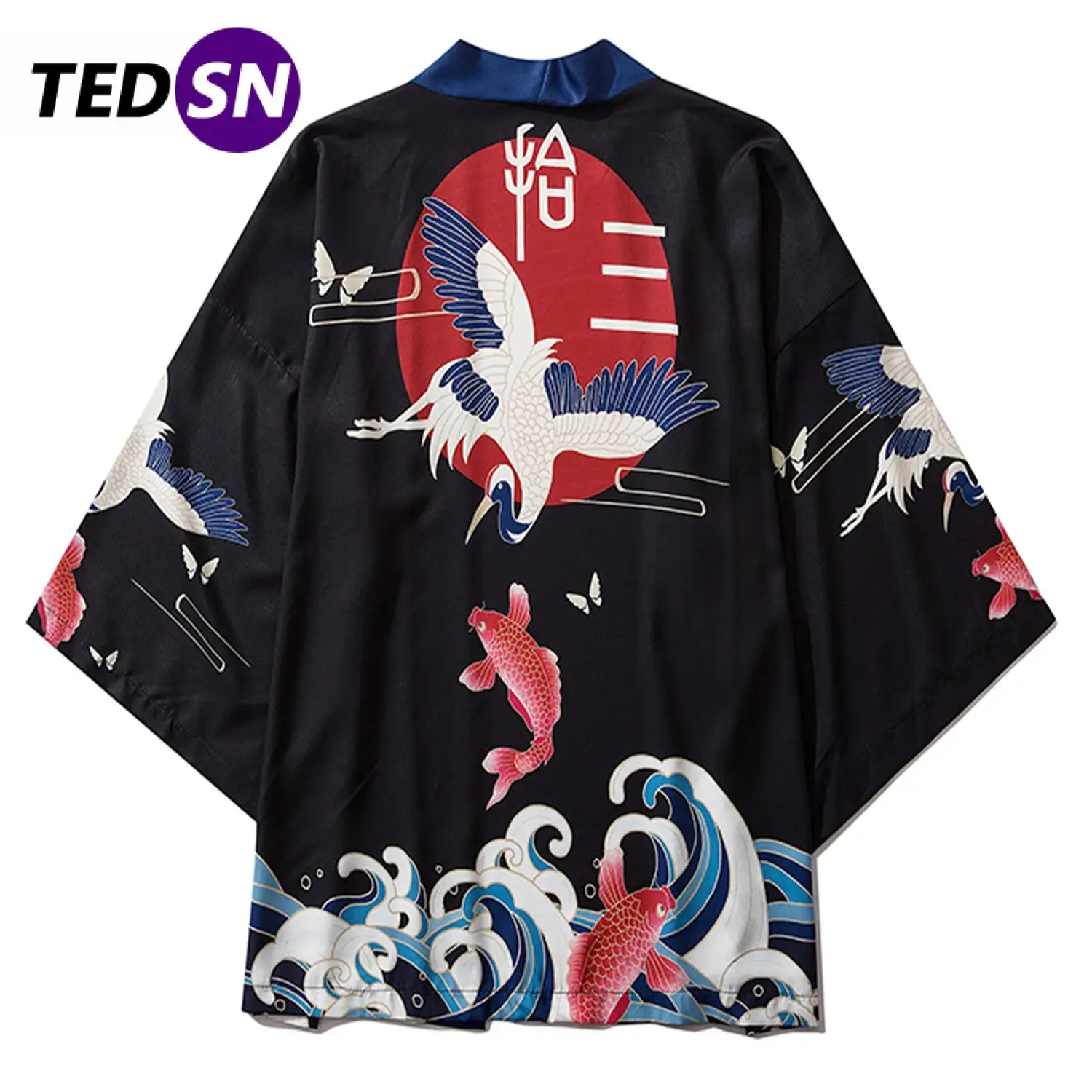 

Hip Hop Crane Japanese Kimono Jackets Men Carp Print 2020 Summer Harajuku Streetwear Front Open Coat Hawaiian Shirt