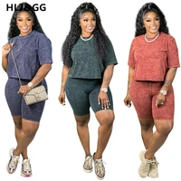 hljgg 2pcs women summer tracksuit solid color short sleeves crop tops casual waist shorts for girls casualwear suits sets