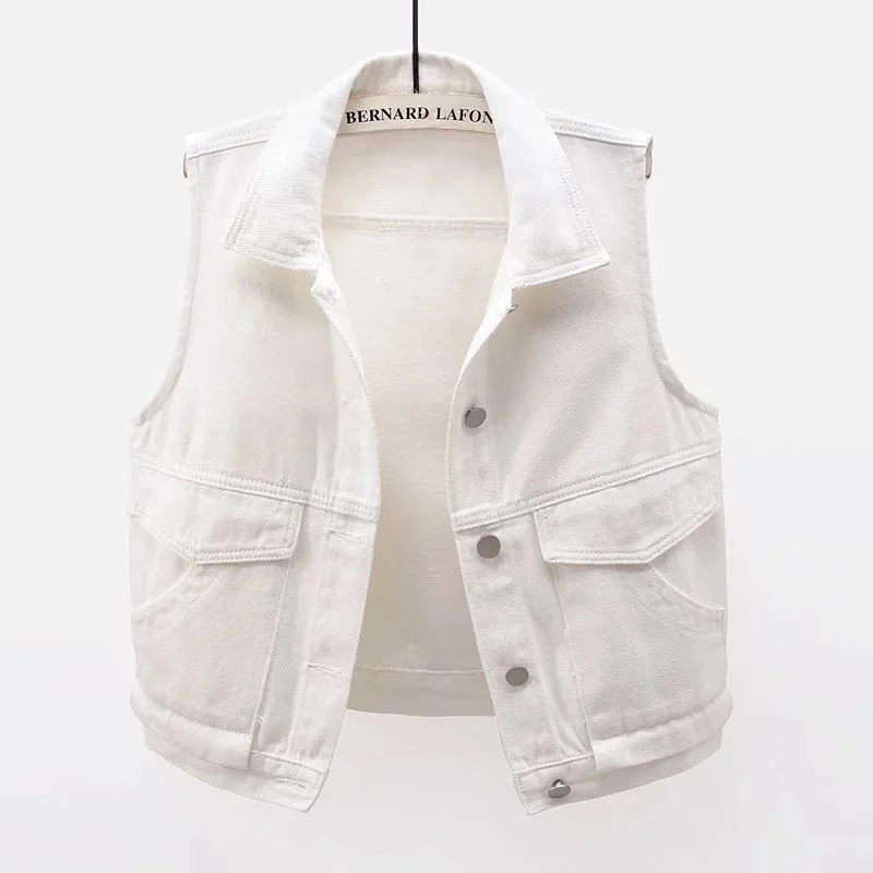 

2023 Spring Autumn New White Denim Vest Women's Short Slim Streetwear Sleeveless Vests Tank Top Fashion Tank Tops Female