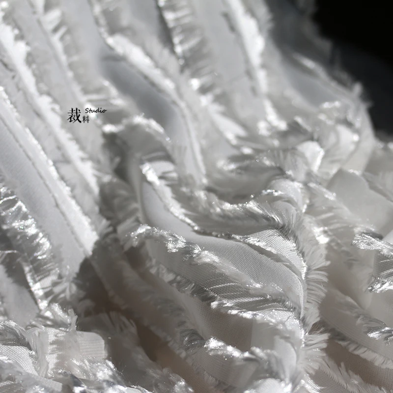 

White High-End Satin Striped Tassel Han Chinese Clothing Wedding Dress Wedding Background Fabric Designer Fabric