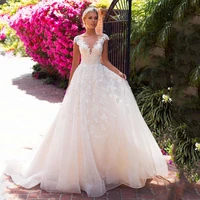 classic o neck lace applique wedding dresses cap sleeve backless tulle bridal gowns a line elegant court train vestidos de novia