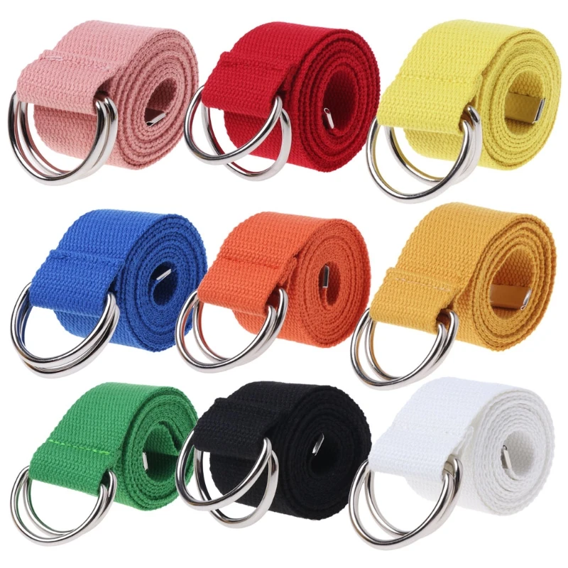 2023 New Teenager Boys Girls Students Double Ring Buckle Waist Belt Canvas Solid Color