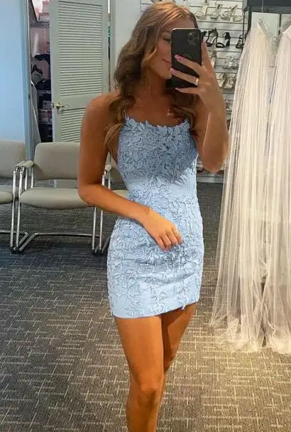 

Light Blue Prom Dresses Lace Appliques Short Homecoming Party Dress