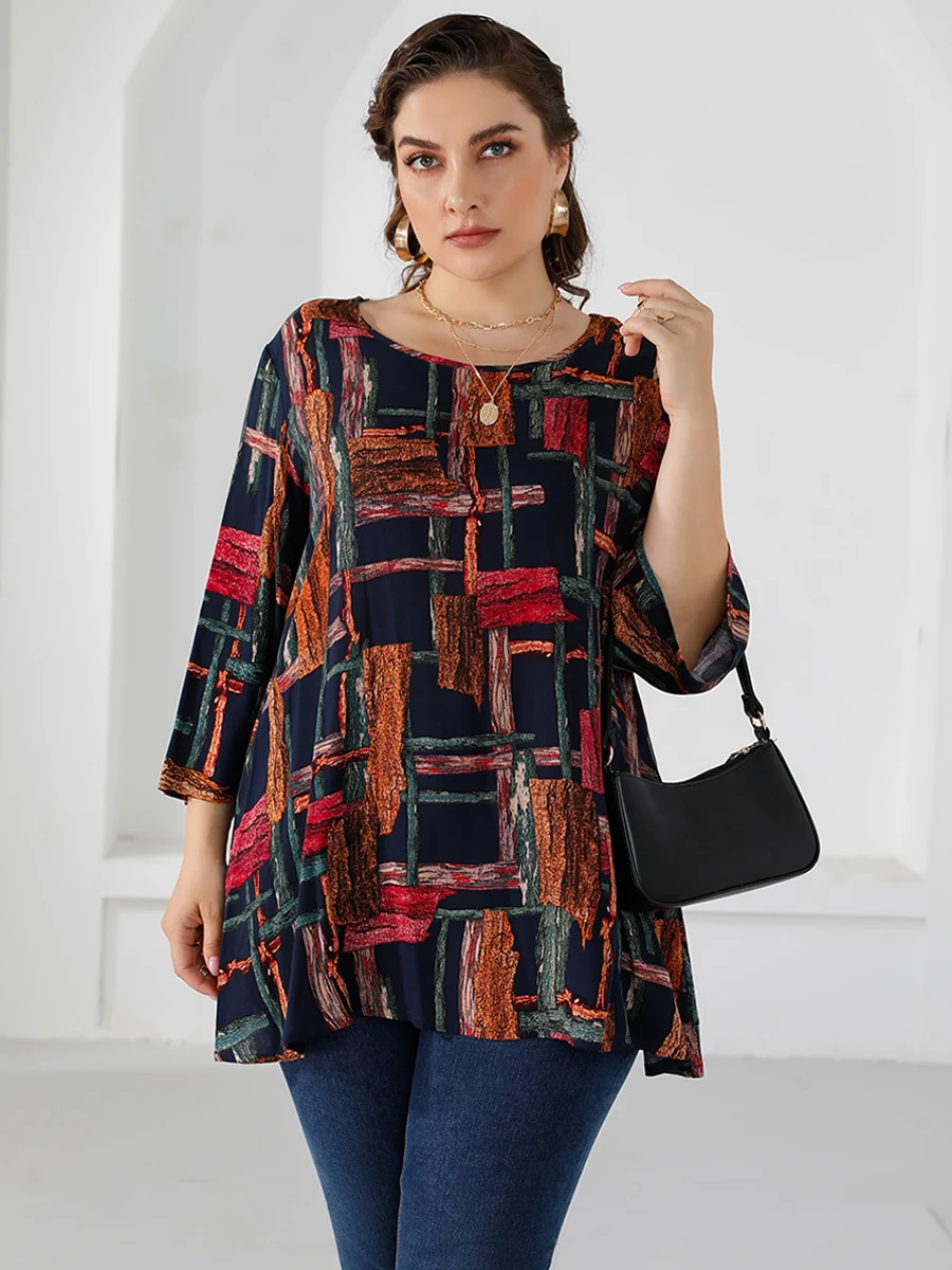 

Plus size Clothes Fashion Print Casual Loose Blouses Women Three Quarter Sleeve Top Tee Lady Summer New Shirt