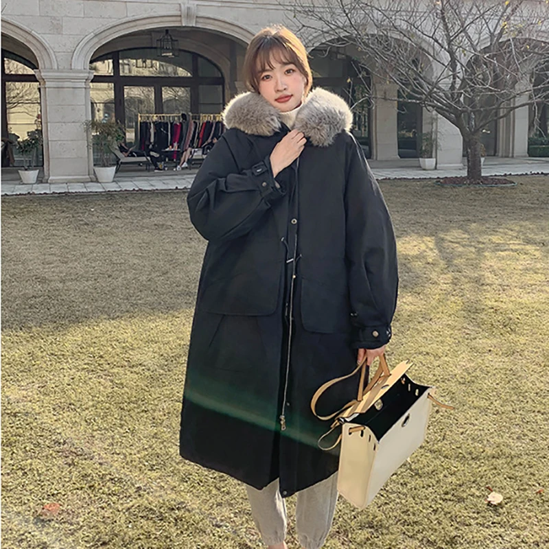 DEODAR 2022 New  Winter Women Cotton Jacket Hooded Detachable Fur Collar Thick Warm Long Coat Snow Wear Padded Loose Parka