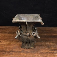 4 tibetan temple collection old bronze cinnabar mud gold four sheep square shape respect cauldron incense burner ornament