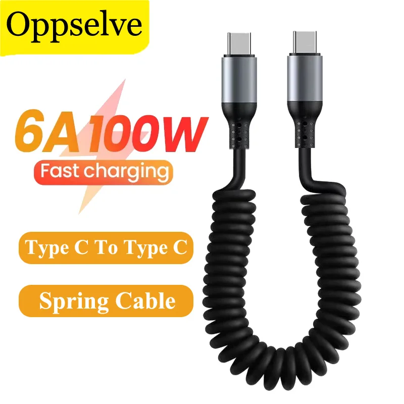 

100W Fast Charging USB Type C Spring Coil Cable Quick Charger USB C To Type C Data Wire For Samsung S23 Xiaomi iPad Huawei P60