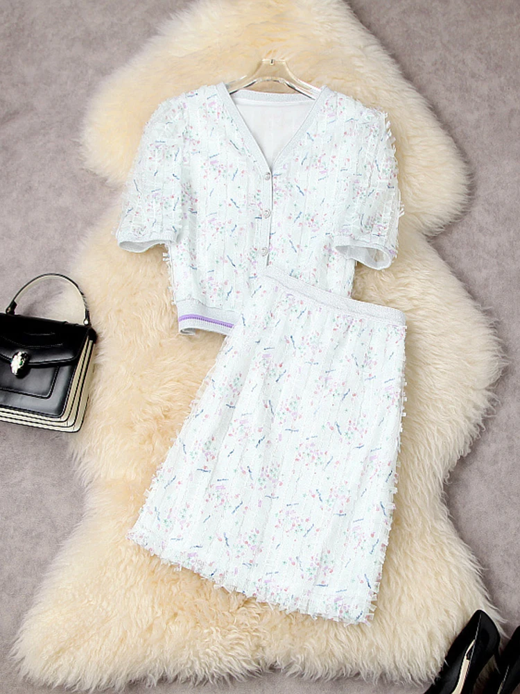 

HIGH QUALITY Summer New 2022 Designer Runway Suits Women's Sweet V-neck Single Breasted Broken Flower Short Tops Mesh Skirt Sets