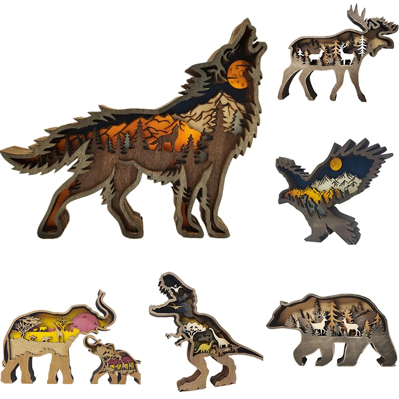 Wolf Totem Wooden Hollow Christmas Animal Creativity Desktop Home Carving Crafts Decor LED Living Room Decoration Accessories