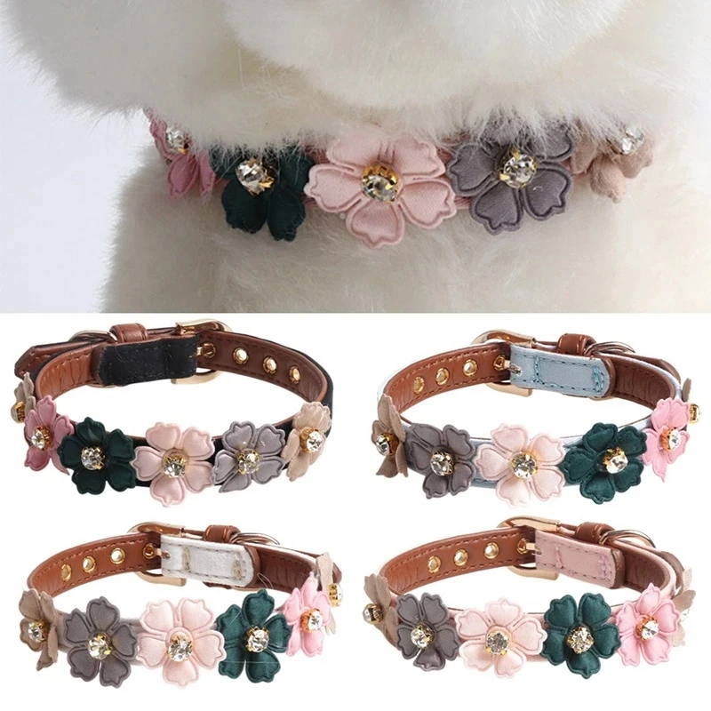 Dog Flower Collar Cute Shiny Diamonds Leather Cat Necklaces Pet Adjustable Collars For Small Medium Cat Dogs Product