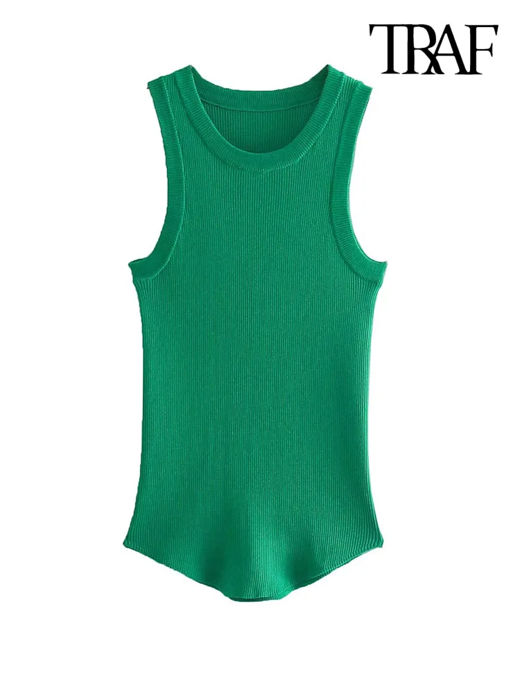 

TRAF Women Fashion Ribbed Fitted Knit Tank Tops Vintage O Neck Sleeveless Female Camis Mujer