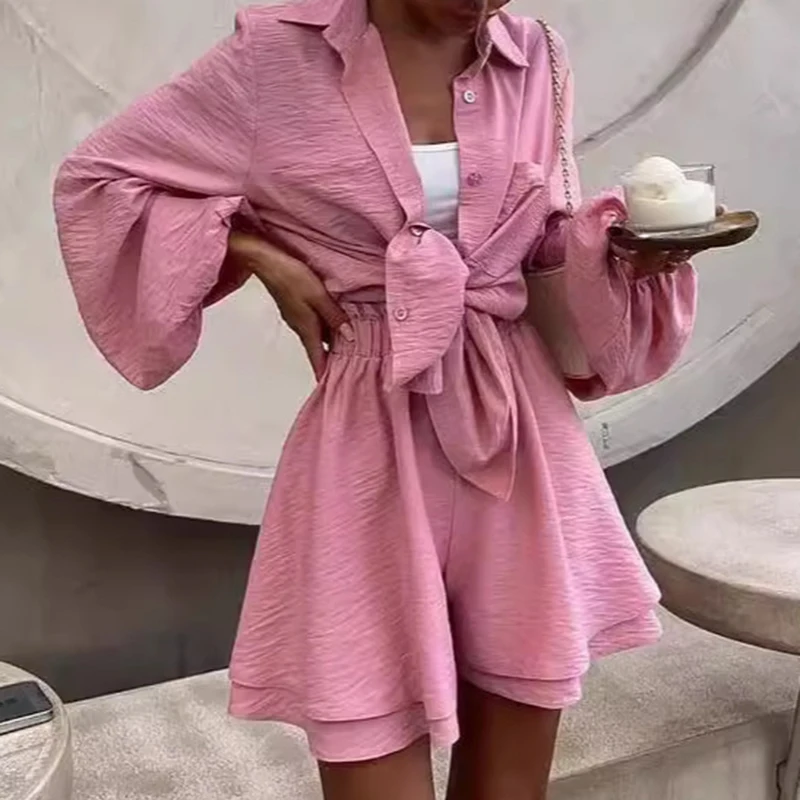 Женская одежда с воротником-поло свободный топ длинными рукавами и шорты