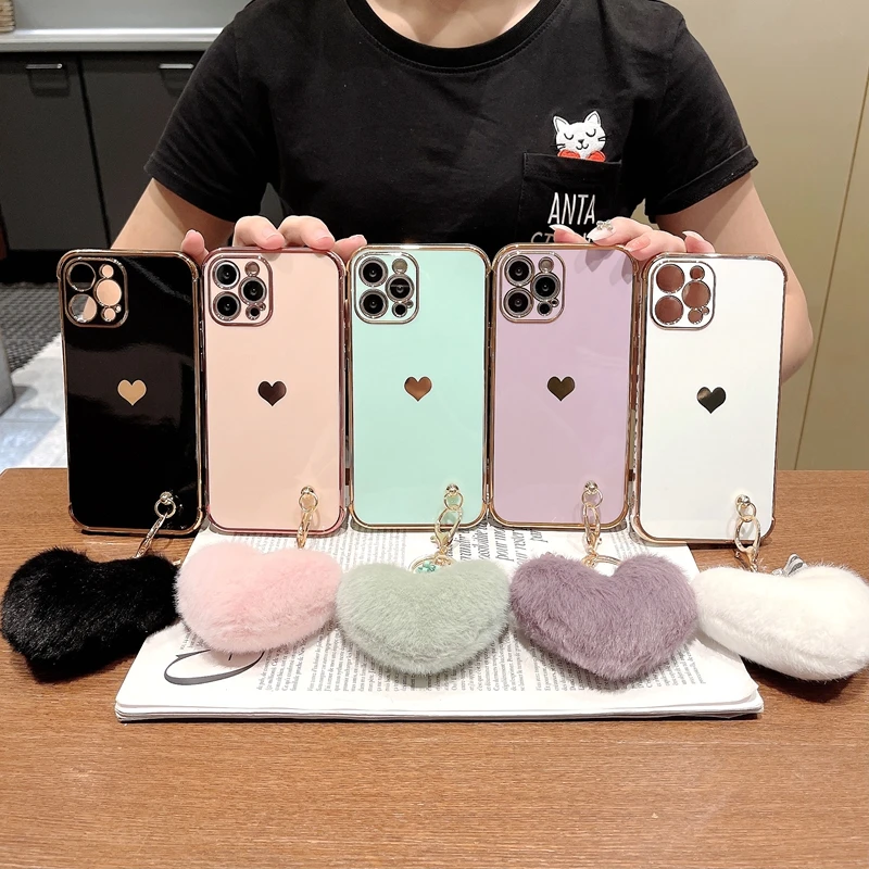 

Luxury Love Heart lint Phone Case For iPhone 11 12 13 Pro Max XS X XR 7 8 Plus SE 2020 Mini Pendant Bumper Back Cover