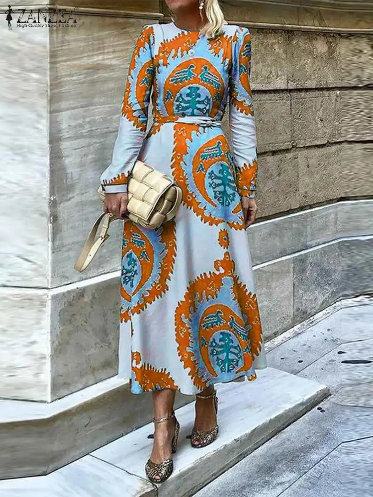 

Элегантное праздничное платье миди ZANZEA, женские халаты с круглым вырезом, винтажные платья с принтом и завязкой на талии, Осеннее модное платье-трапеция с длинным рукавом