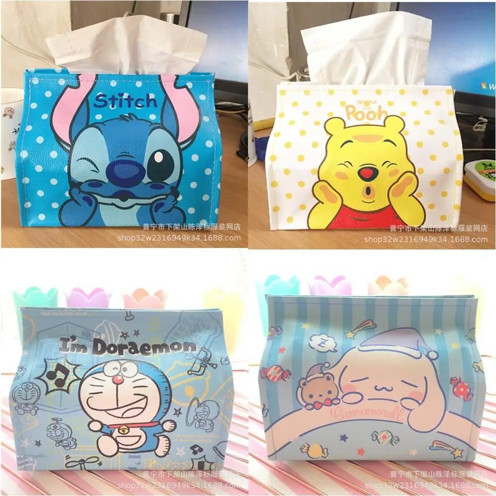 

New Cartoon Stitch Pooh Bear Cinnamoroll Tissue Set Bedroom Car Pu Leather Waterproof and Dustproof Tissue Drawer