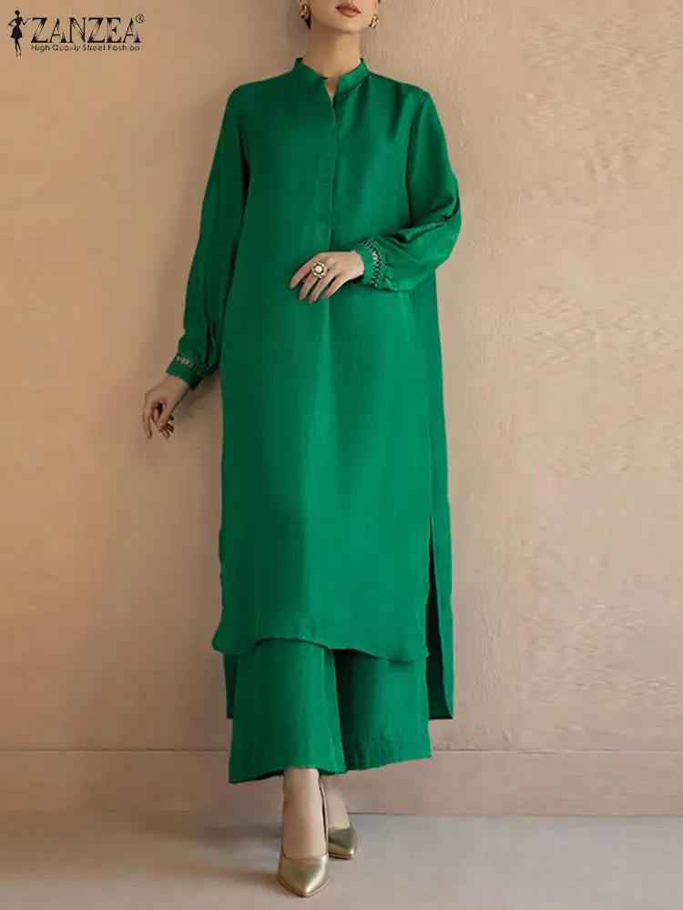 

ZANZEA Retro Wide Leg Trousers Outfits Women Solid 2PCS Pant Sets 2023 Autumn Irregular Split Hem Long Shirt Suits Oversized Set
