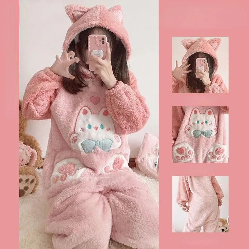 

Autumn Winter Women Cute Onesies Pajamas Coral Fleece Warm Cartoon Cat Ears Hooded Sleepwear Girls Sweet Home Clothes Pyjamas