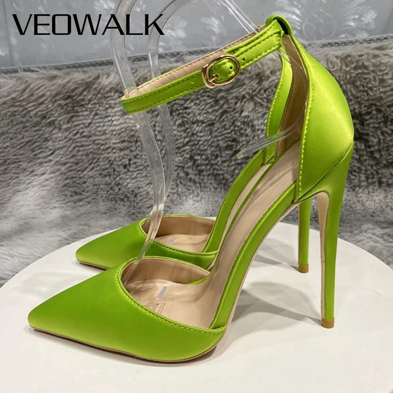 

Veowalk Ankle Strap Women Green Satin Silk Pointy Toe D'Orsay Stiletto Pumps Sandals Summer Elegant Ladies High Heel Dress Shoes