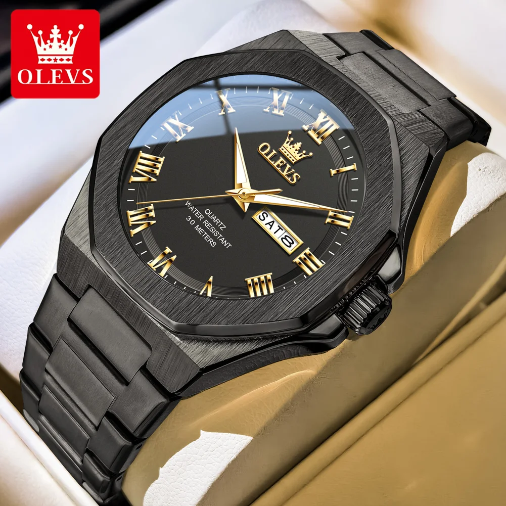 Фото Мужские часы OLEVS Original Brand, деловые кварцевые часы с двойным календарем, водонепроницаемые, с римскими цифрами и люминесцентным покрытием. №1